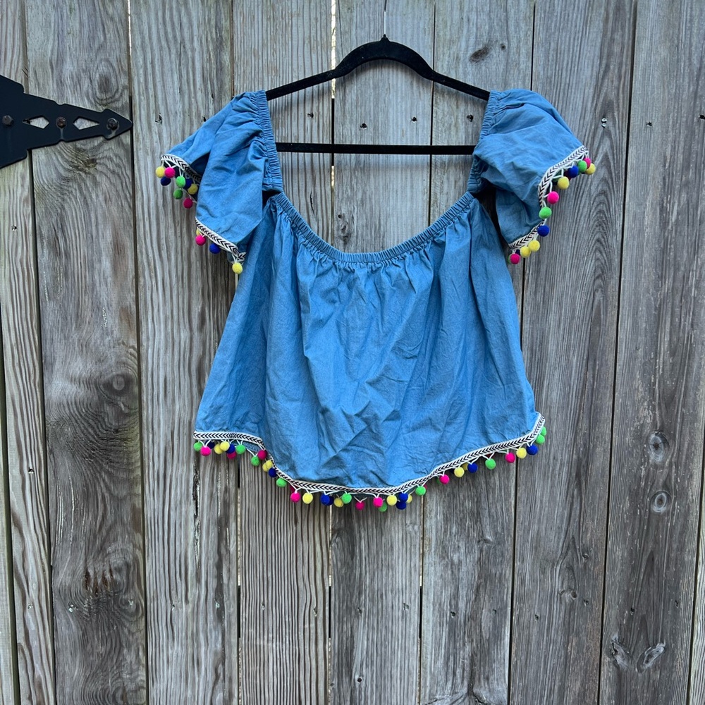 SAN JOY Denim Off Shoulder Pom Pom Top Women’s Medium